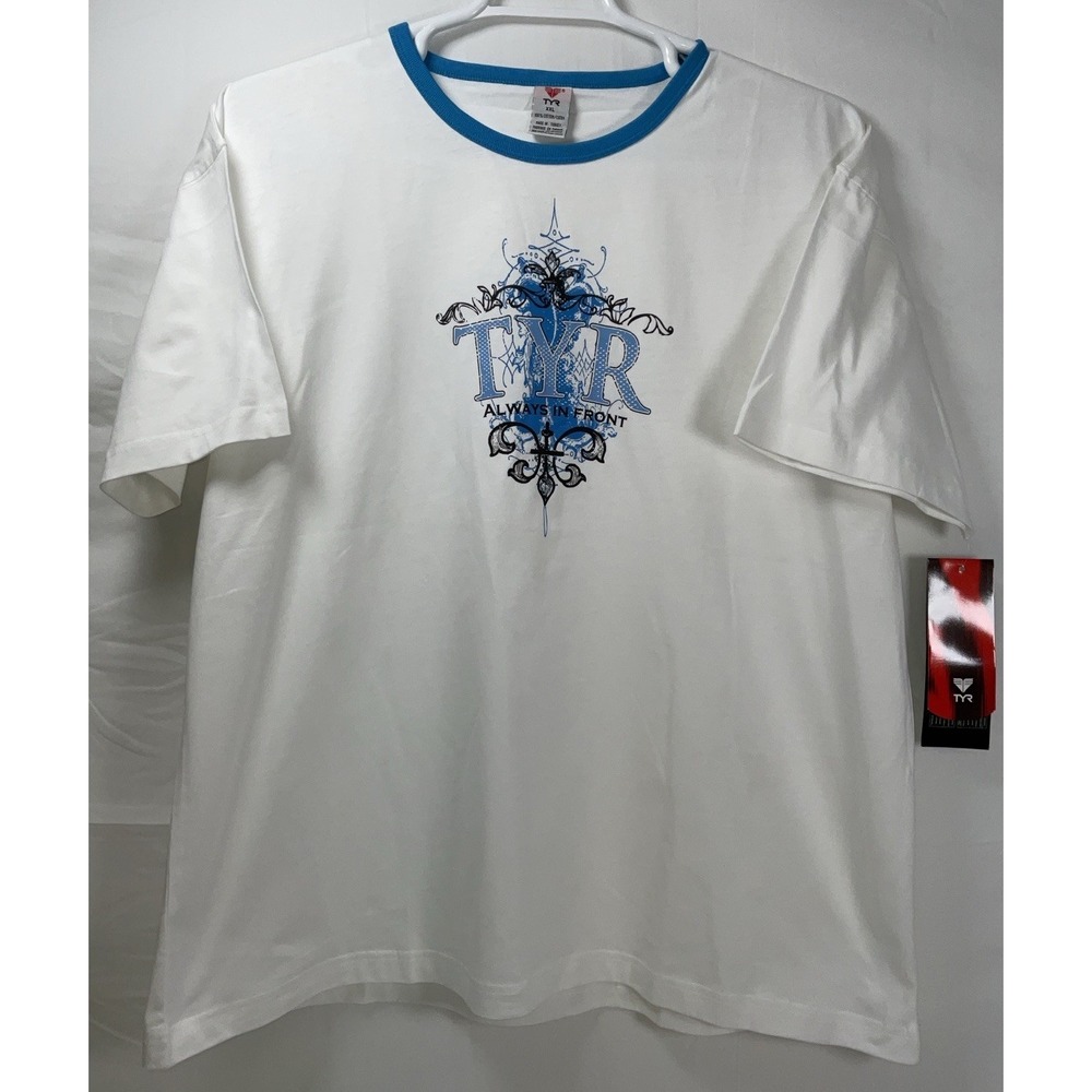 NWT Unisex TYR Swim Always In Front Ringer Cotton T-Shirt White Turquoise‎ - XXL